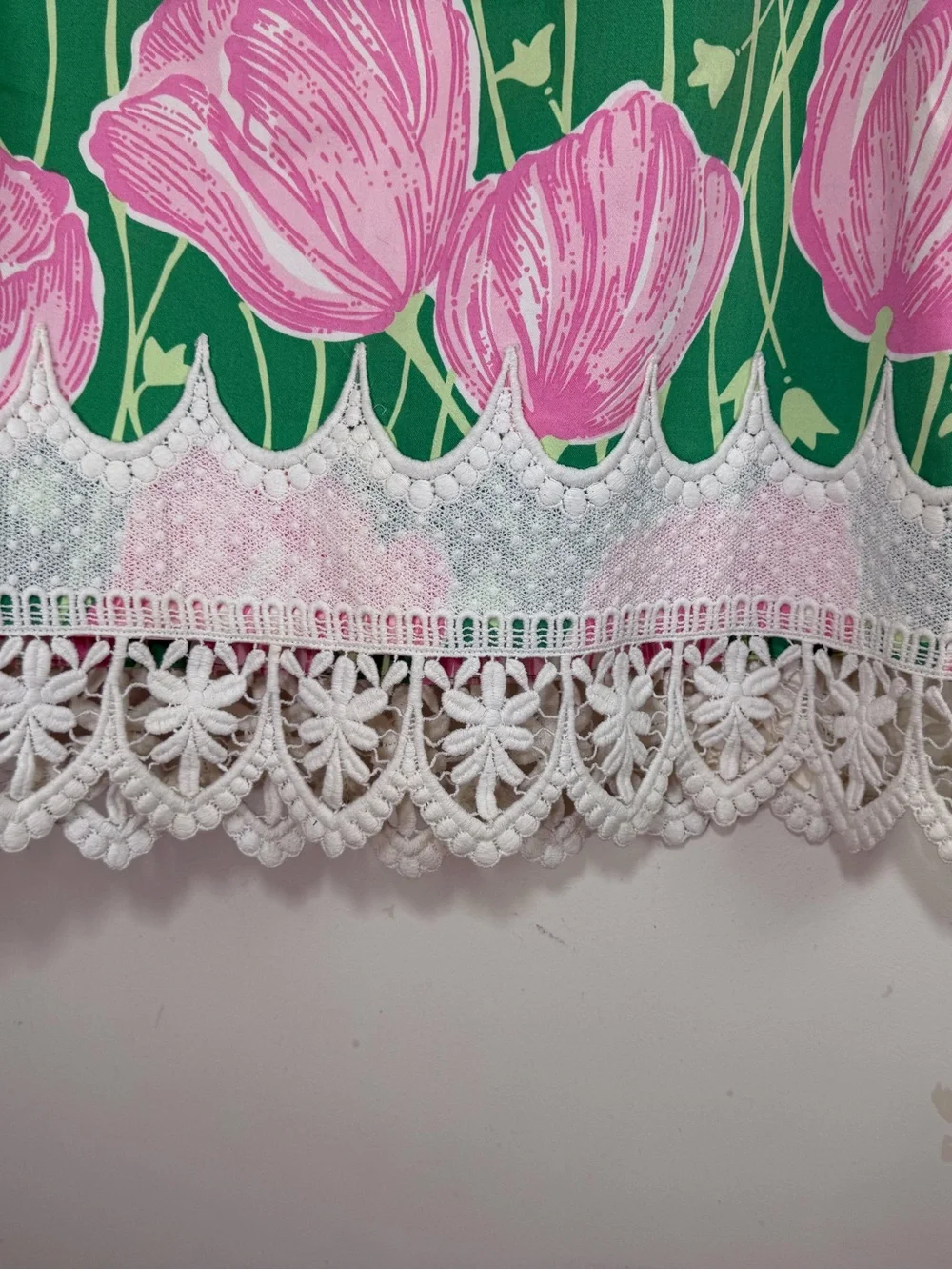 Lilly Pulitzer Pink Green Vintage Floral Tulips Lace Trim Cottagecore Skirt Sz 6